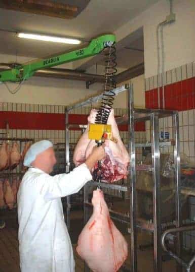 Un Liftronic Easy INDEVA con gancho o herramienta especial para manipular piernas de jamón en la industria de alimentaria