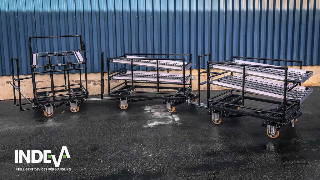 Carros modulares a remolque Los carros modulares INDEVA® se pueden conectar fácilmente a vehículos guiados automáticamente (AGV) que, sin necesidad de un conductor, transportan automáticamente los componentes y/o los productos dentro de las unidades de producción.